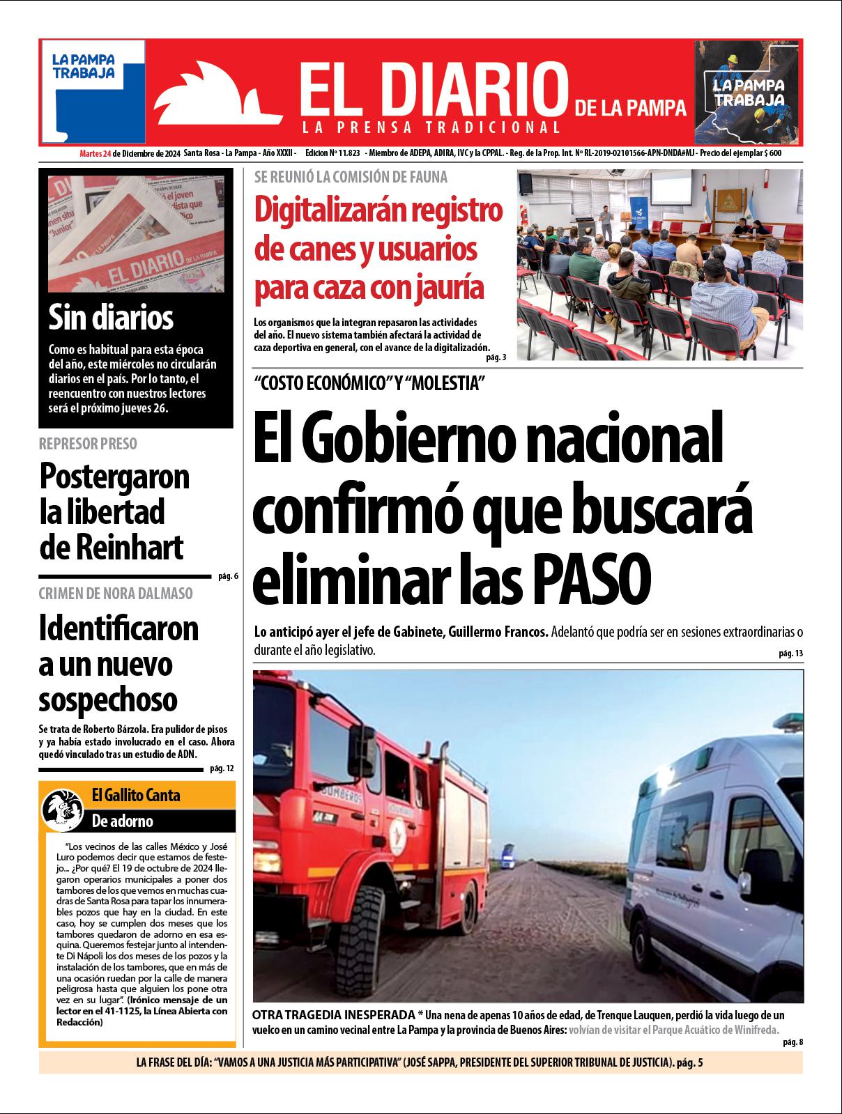 Tapa de El Diario en papel  martes 24 de diciembre de 2024